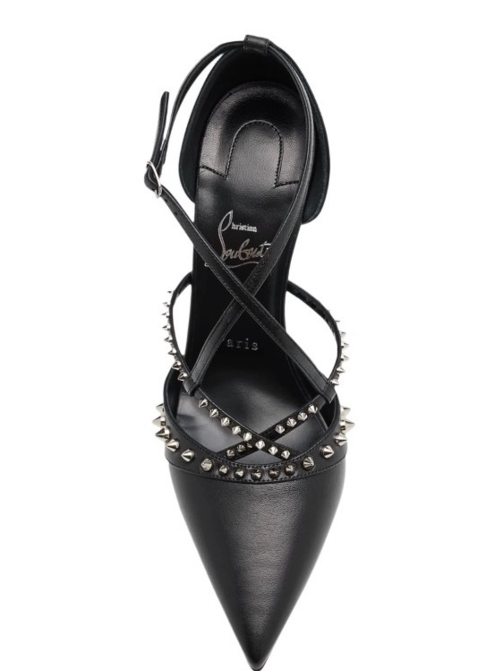 Christian Louboutin Black Leather Strappy Studded Pointed-Toe Pump with Red Sole - Picture 2 of 2